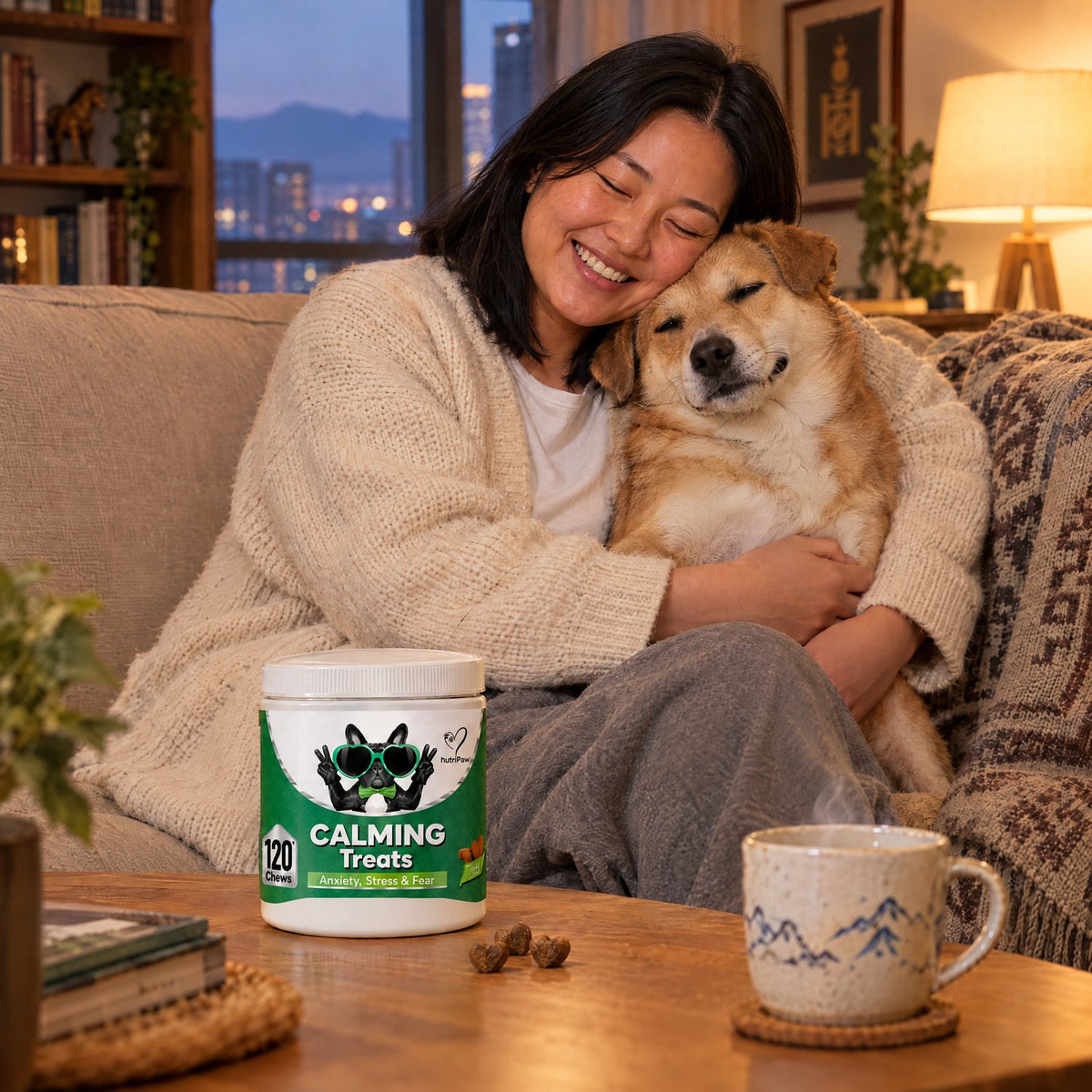 Эзэн нохойгоо тэвэрч буй, ширээн дээр NutriPaw сав